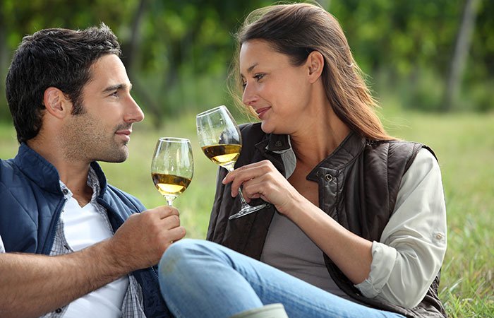 A couple drinking wine together